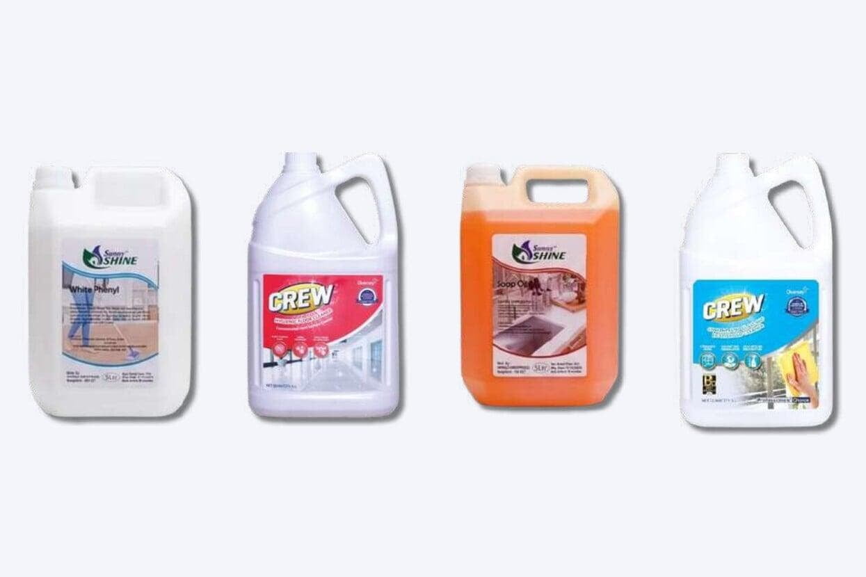 Cleaning chemicals including phenyl, floor cleaner, soap oil and glass cleaner in 5 litre cans